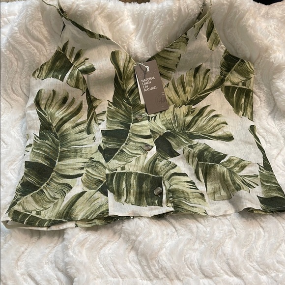 NWT H&M Premium Linen Green Palm Leaf Print Top - Picture 8 of 12